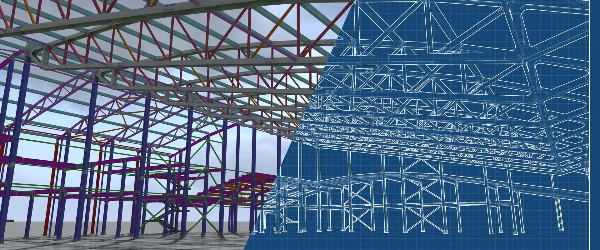 Steel frame shown half as a rendered model and half as a blueprint wireframe