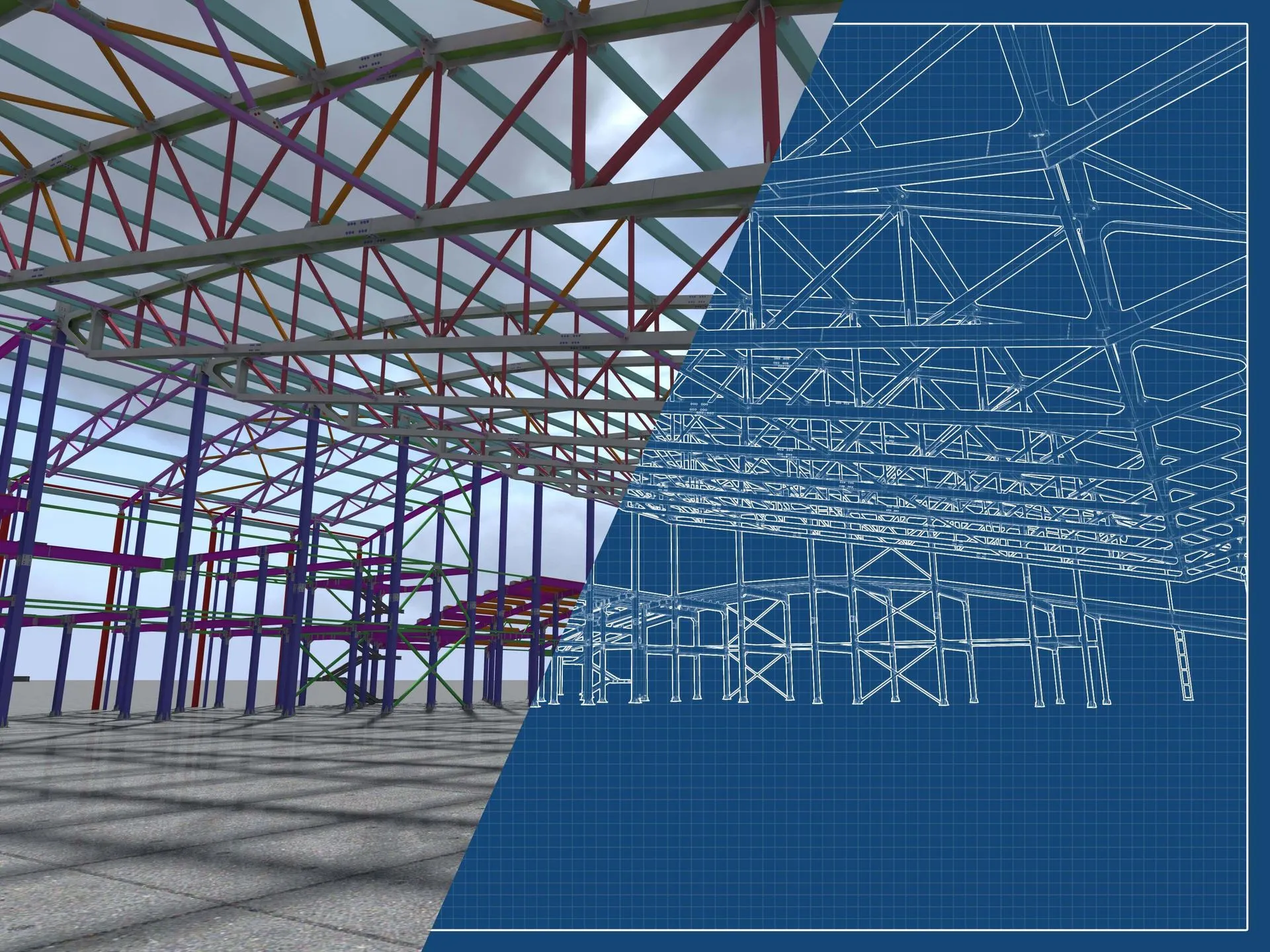Steel frame shown half as a rendered model and half as a blueprint wireframe